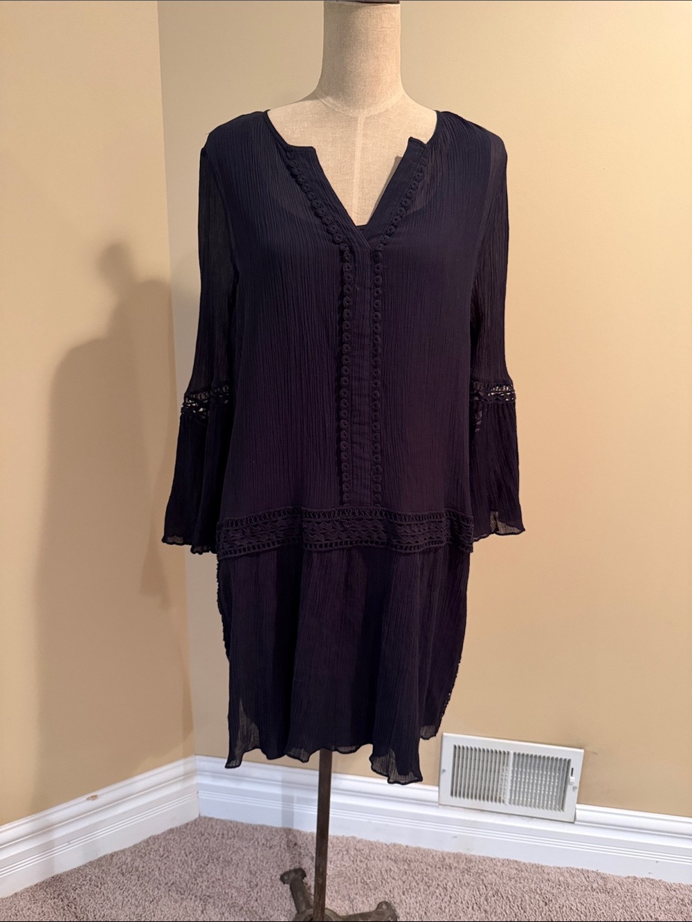 Kobi Halperin Black Long-Sleeve Crochet-Trim Silk Blend Tunic Dress